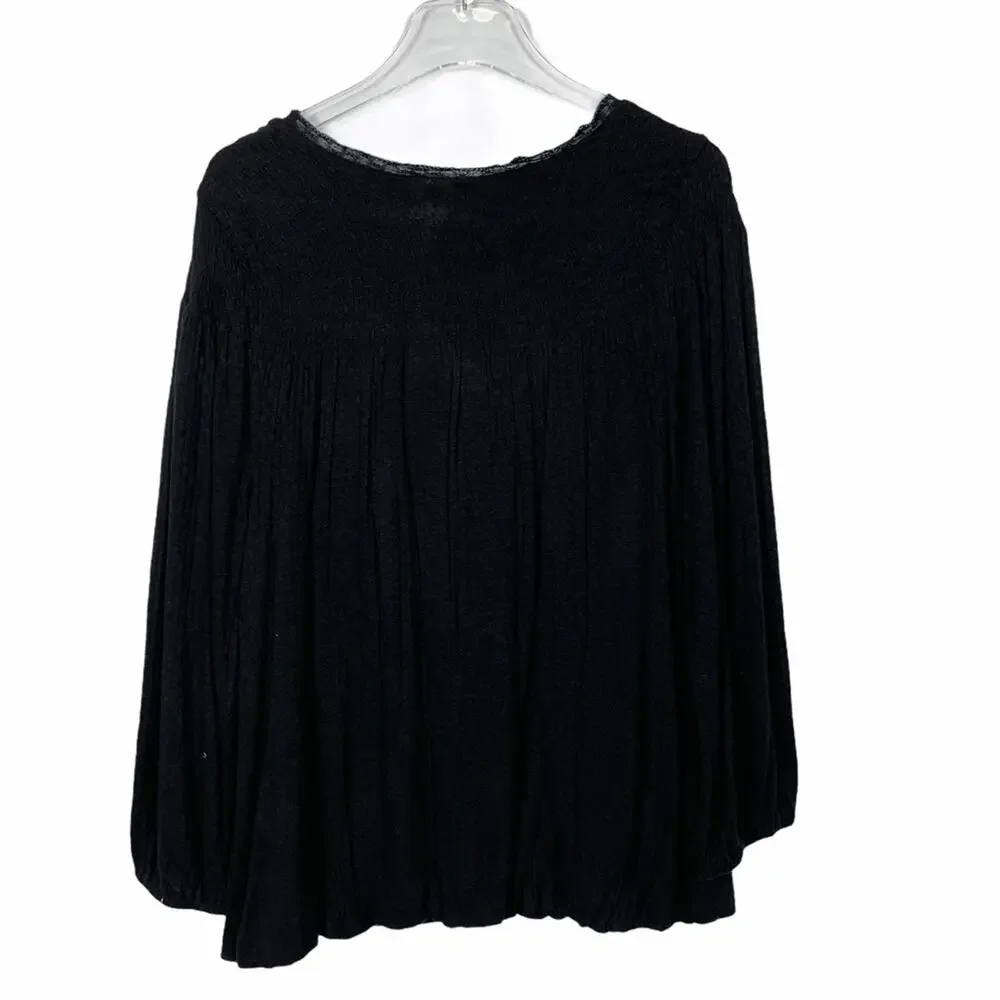 Free People Embroidered Smocked Begonia Top Linen Blend Black Size Large